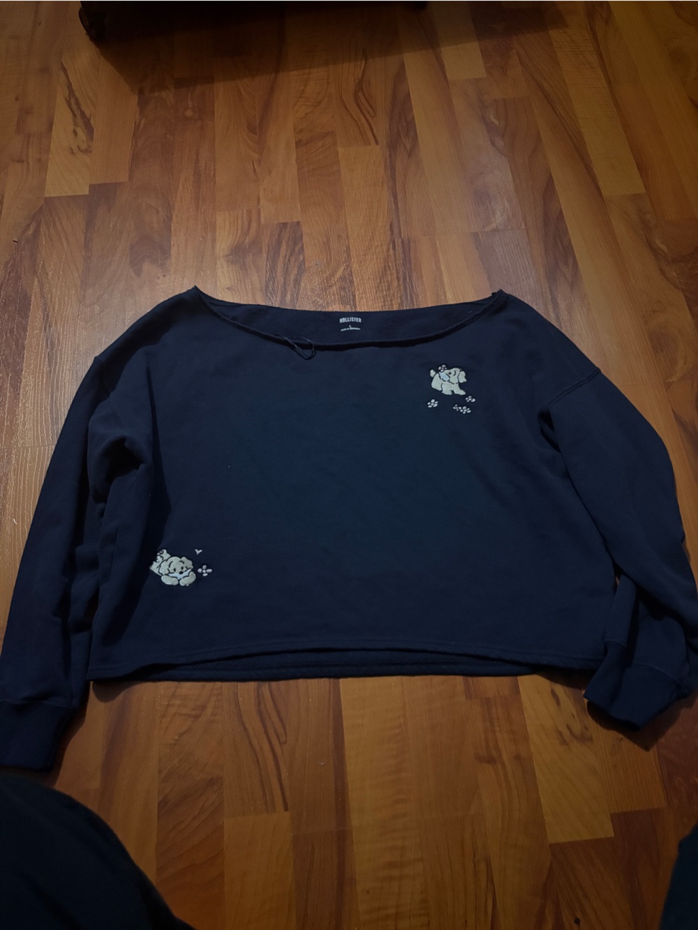 Hollister Navy Cropped Sweatshirt with Small Cream Floral Accents